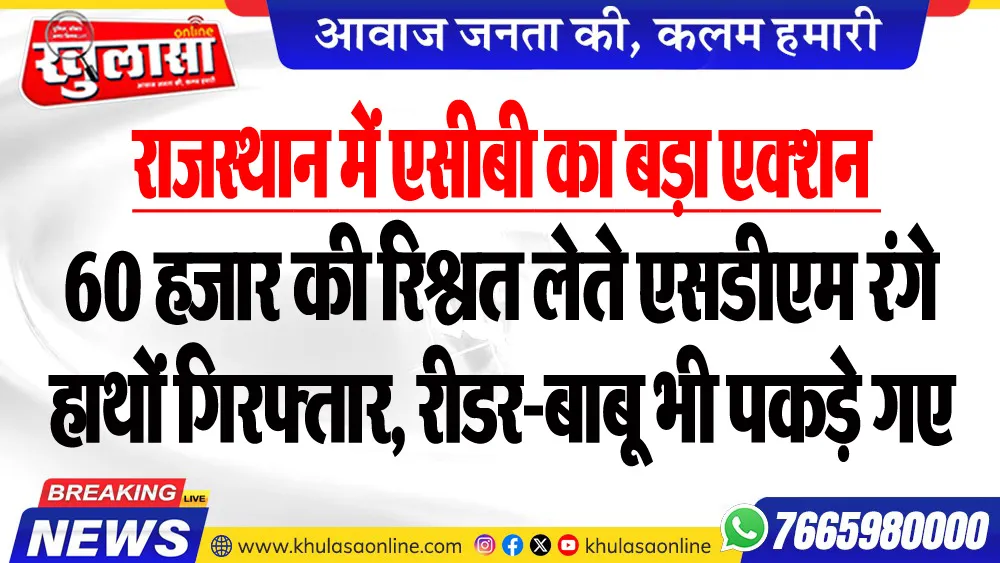 राजस्थान में एसीबी का बड़ा एक्शन : 60 हजार की रिश्वत लेते एसडीएम रंगे हाथों गिरफ्तार, रीडर-बाबू भी पकड़े गए