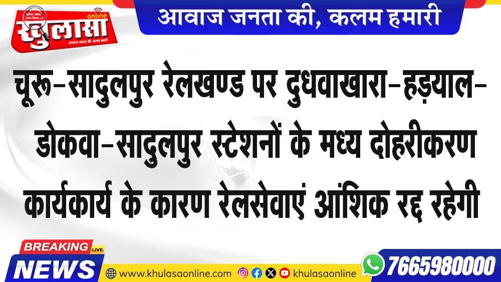 चूरू-सादुलपुर रेलखण्ड पर दुधवाखारा-हडय़ाल- डोकवा-सादुलपुर स्टेशनों के मध्य दोहरीकरण कार्य कार्य के कारण रेलसेवाएं आंशिक रद्द रहेगी