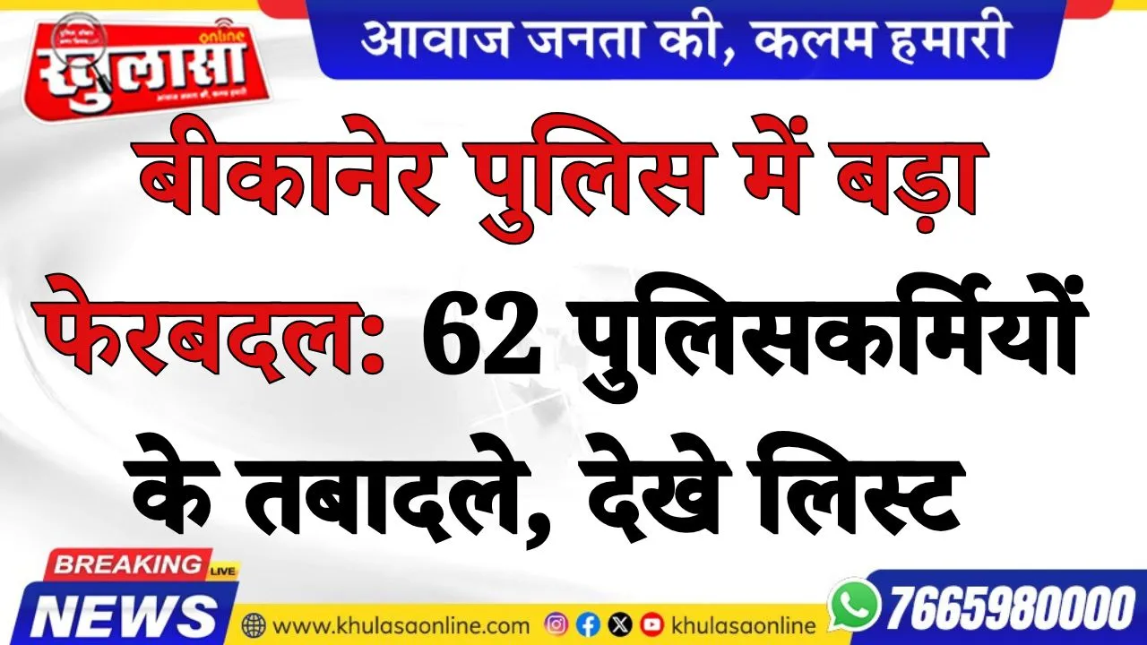 बीकानेर पुलिस में बड़ा फेरबदल: 62 पुलिसकर्मियों के तबादले, देखे लिस्ट