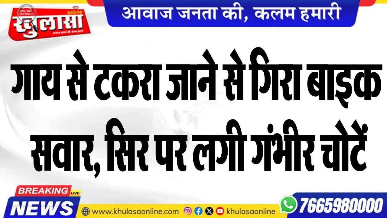गाय से टकरा जाने से गिरा बाइक सवार, सिर पर लगी गंभीर चोटें