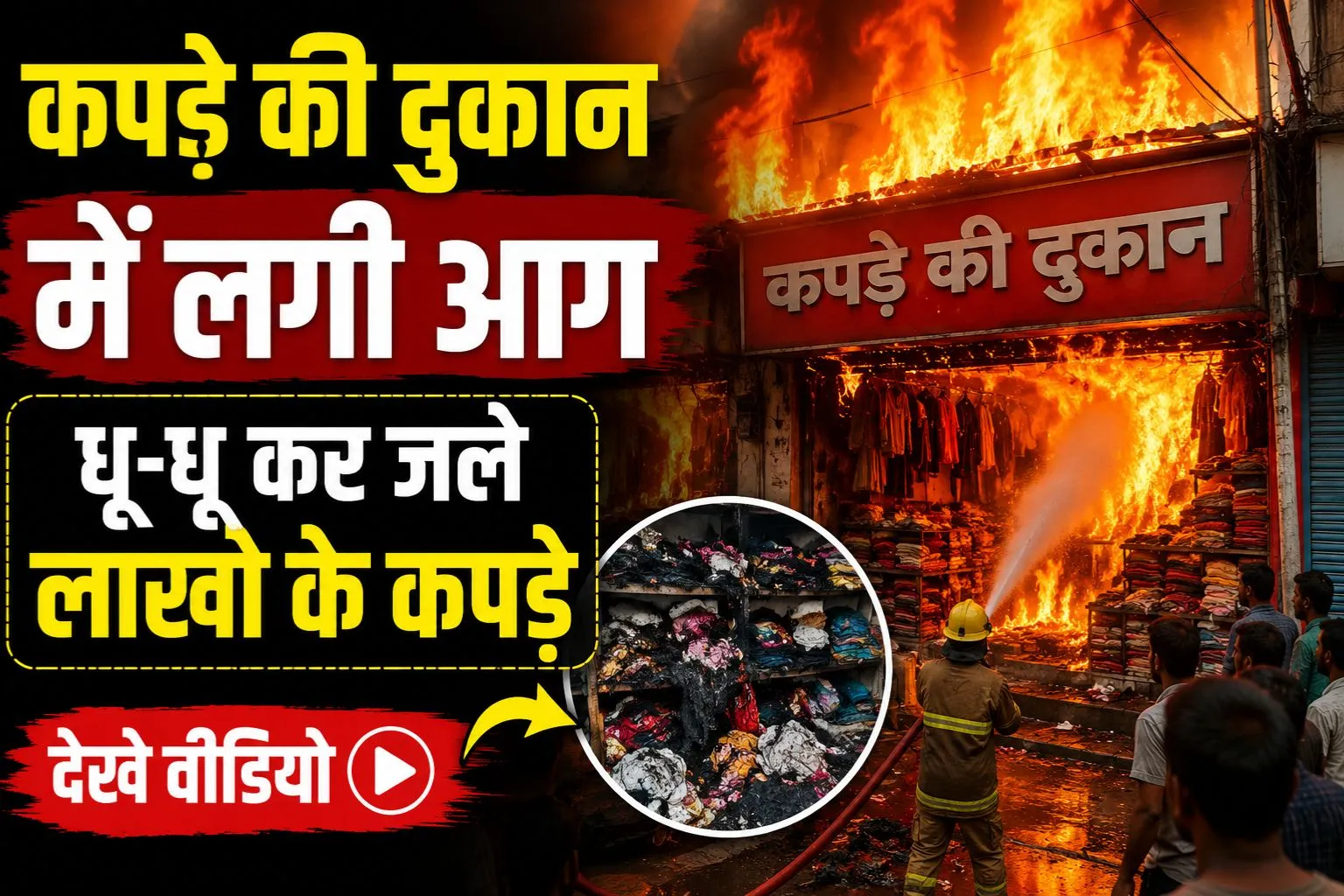 कपड़े की दुकान में लगी आग, धू-धू कर  जले लाखो के कपड़े,देखे वीडियो