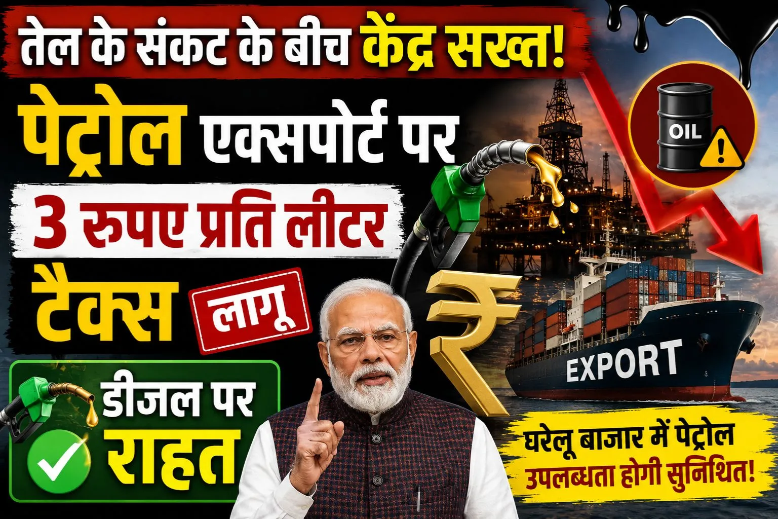 तेल के संकट के बीच केंद्र सख्त, पेट्रोल एक्सपोर्ट पर लगाया 3 रूपए प्रति लीटर टैक्स,डीजल पर राहत