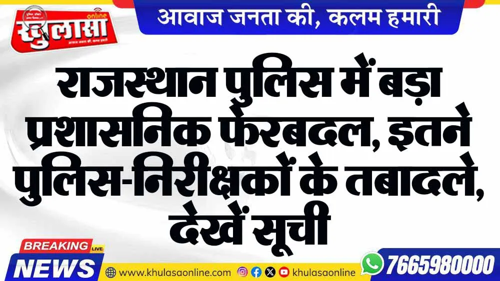 राजस्थान पुलिस में बड़ा प्रशासनिक फेरबदल, इतने पुलिस-निरीक्षकों के तबादले, देखें सूची