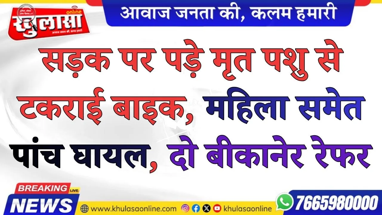 सड़क पर पड़े मृत पशु से टकराई बाइक, महिला समेत पांच घायल, दो बीकानेर रेफर