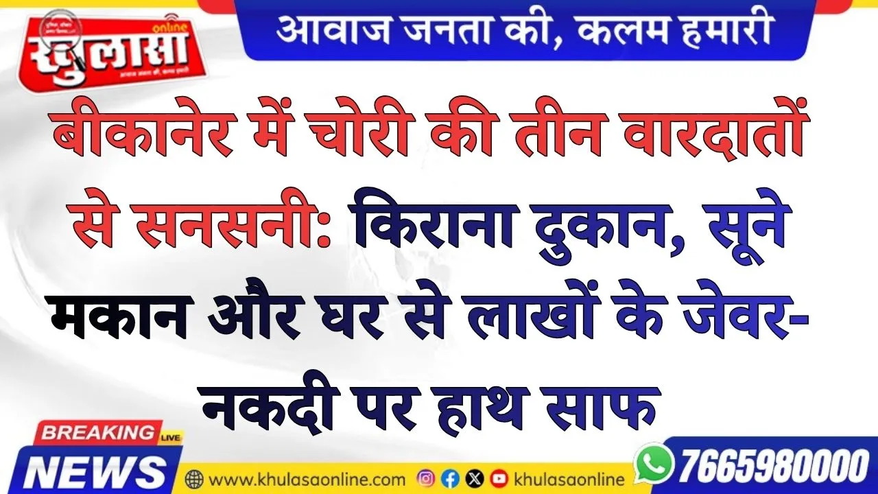 बीकानेर में चोरी की तीन वारदातों से सनसनी: किराना दुकान, सूने मकान और घर से लाखों के जेवर-नकदी पर हाथ साफ
