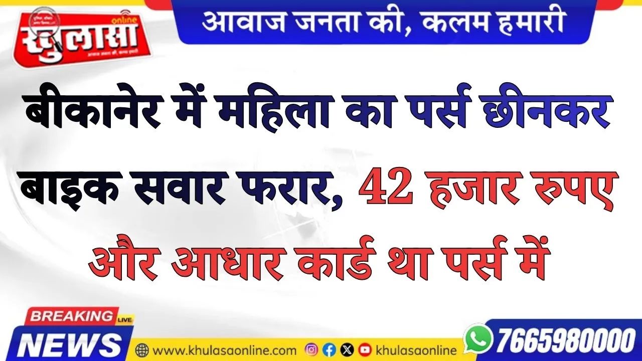 बीकानेर में महिला का पर्स छीनकर बाइक सवार फरार,  42 हजार रुपए और आधार कार्ड था पर्स में