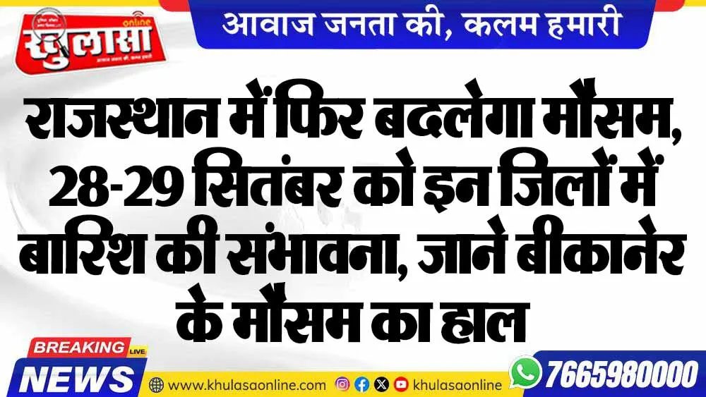 राजस्थान में फिर बदलेगा मौसम, 28-29 सितंबर को इन जिलों में बारिश की संभावना, जाने बीकानेर के मौसम का हाल