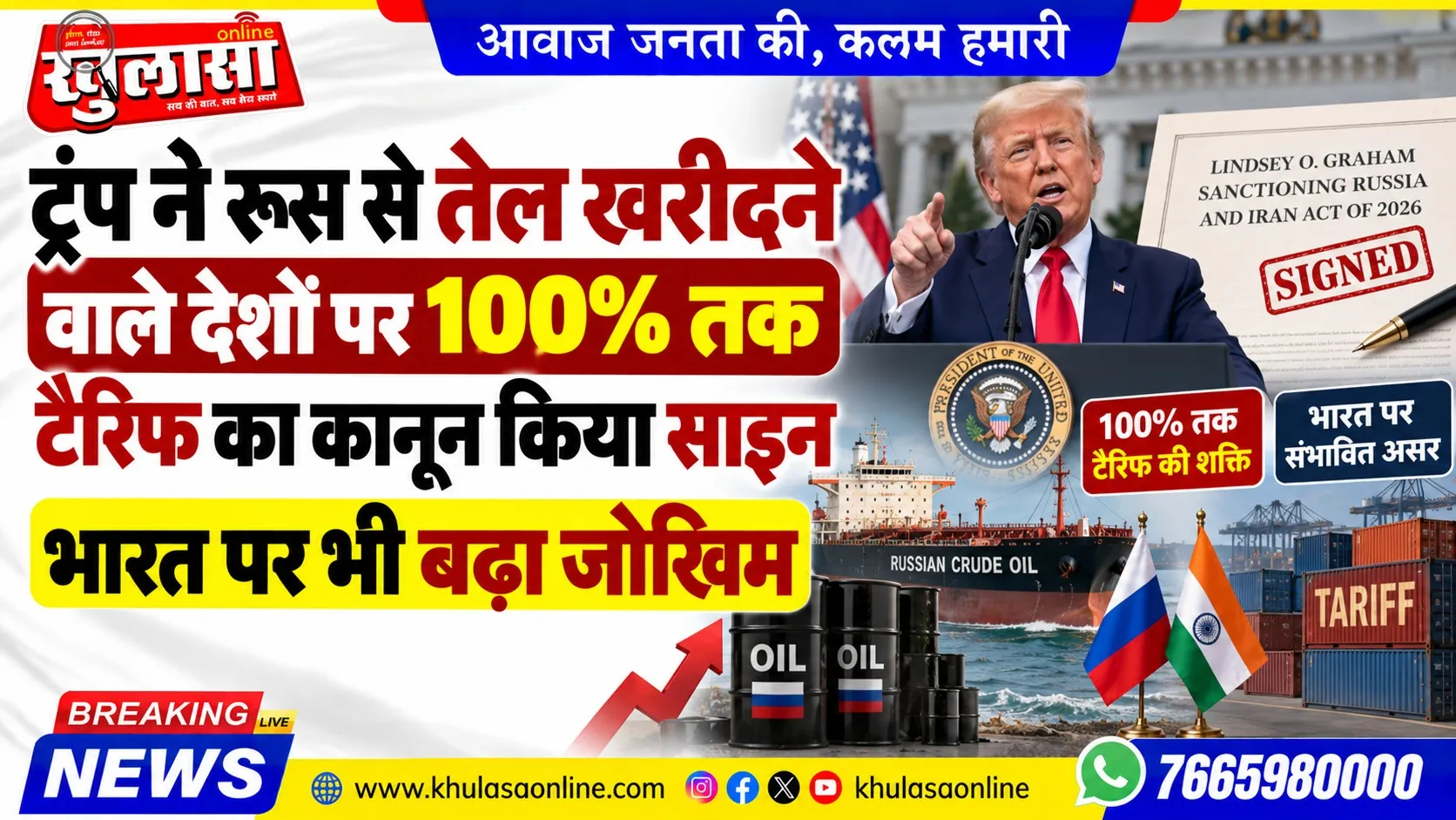 ट्रंप ने रूस से तेल खरीदने वाले देशों पर 100% तक टैरिफ का कानून किया साइन, भारत पर भी बढ़ा जोखिम