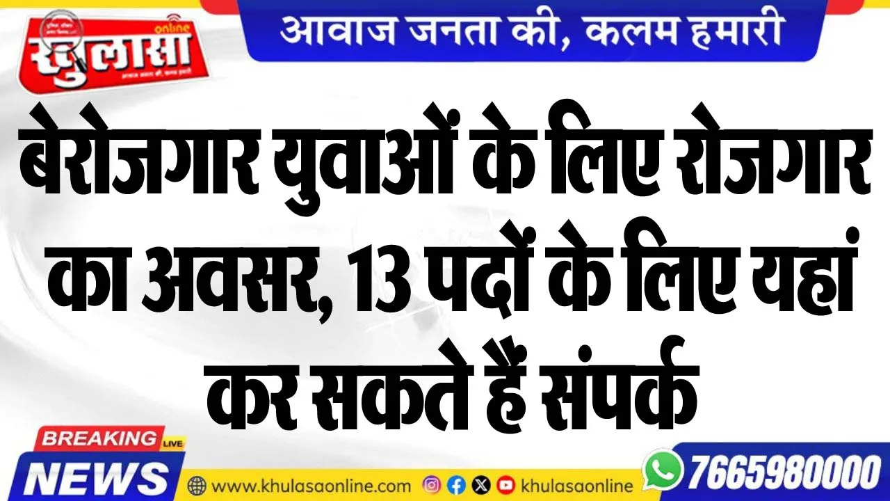 बेरोजगार युवाओं के लिए रोजगार का अवसर, 13 पदों के लिए यहां कर सकते हैं संपर्क
