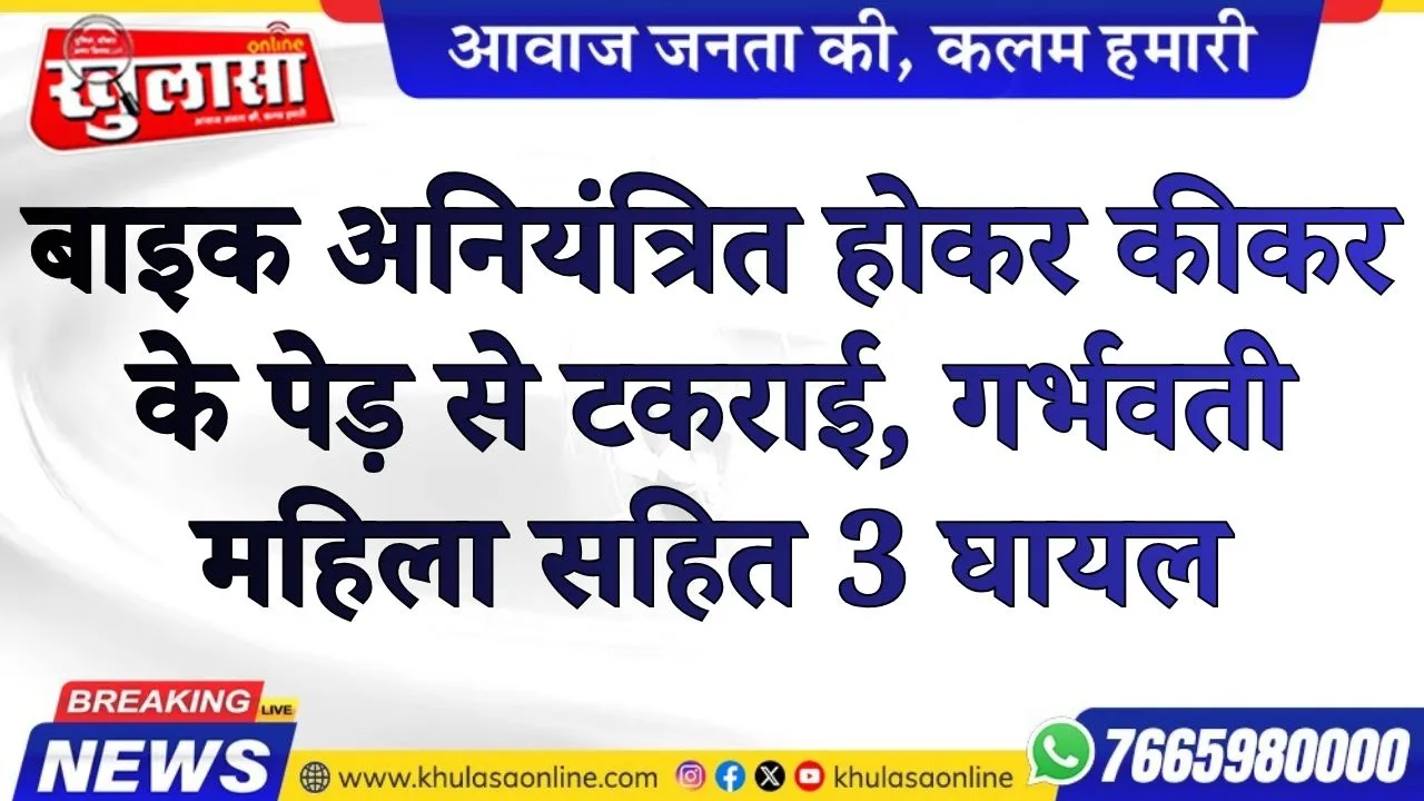 बाइक अनियंत्रित होकर कीकर के पेड़ से टकराई, गर्भवती महिला सहित 3 घायल