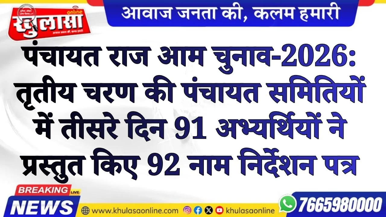 पंचायत राज आम चुनाव-2026: तृतीय चरण की पंचायत समितियों में तीसरे दिन 91 अभ्यर्थियों ने प्रस्तुत किए 92 नाम निर्देशन पत्र