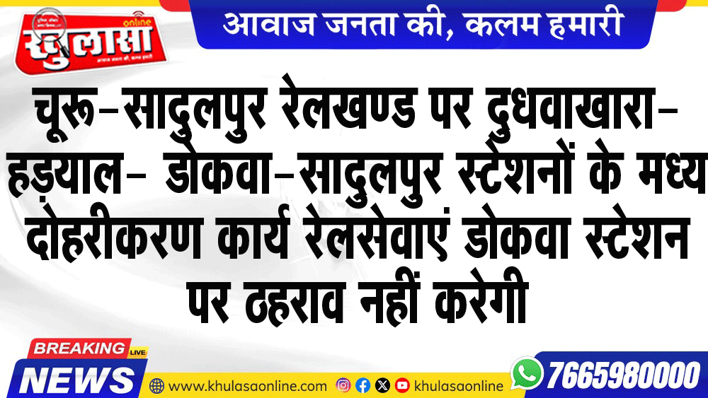 चूरू-सादुलपुर रेलखण्ड पर दुधवाखारा-हडय़ाल- डोकवा-सादुलपुर स्टेशनों के मध्य दोहरीकरण कार्य रेलसेवाएं डोकवा स्टेशन पर ठहराव नहीं करेगी