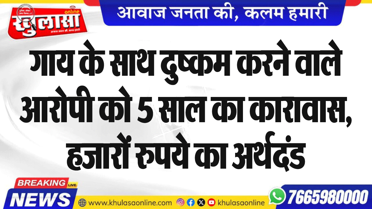 गाय के साथ दुष्कम करने वाले आरोपी को 5 साल का कारावास, हजारों रुपये का अर्थदंड