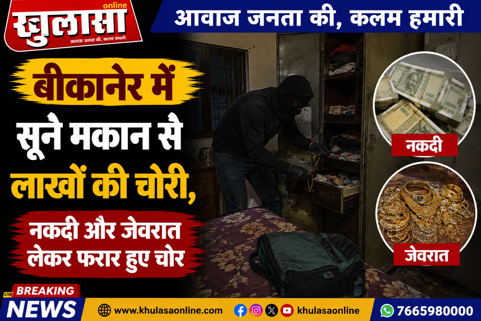 बीकानेर में सूने मकान से लाखों की चोरी, नकदी और जेवरात लेकर फरार हुए चोर