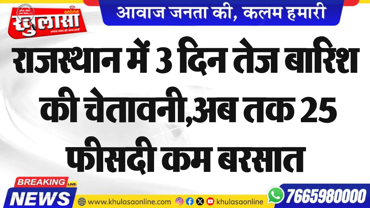 राजस्थान में 3 दिन तेज बारिश की चेतावनी,अब तक 25 फीसदी कम बरसात