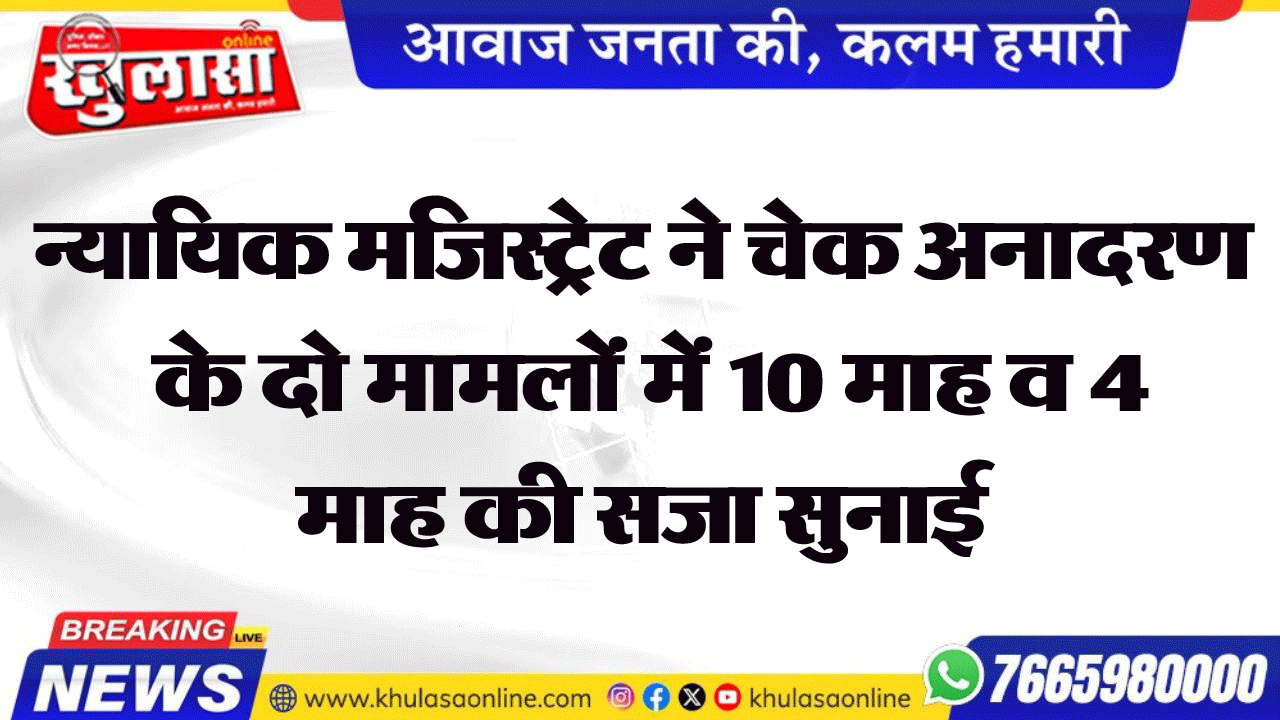 न्यायिक मजिस्ट्रेट ने चेक अनादरण के दो मामलों में 10 माह व 4 माह की सजा सुनाई