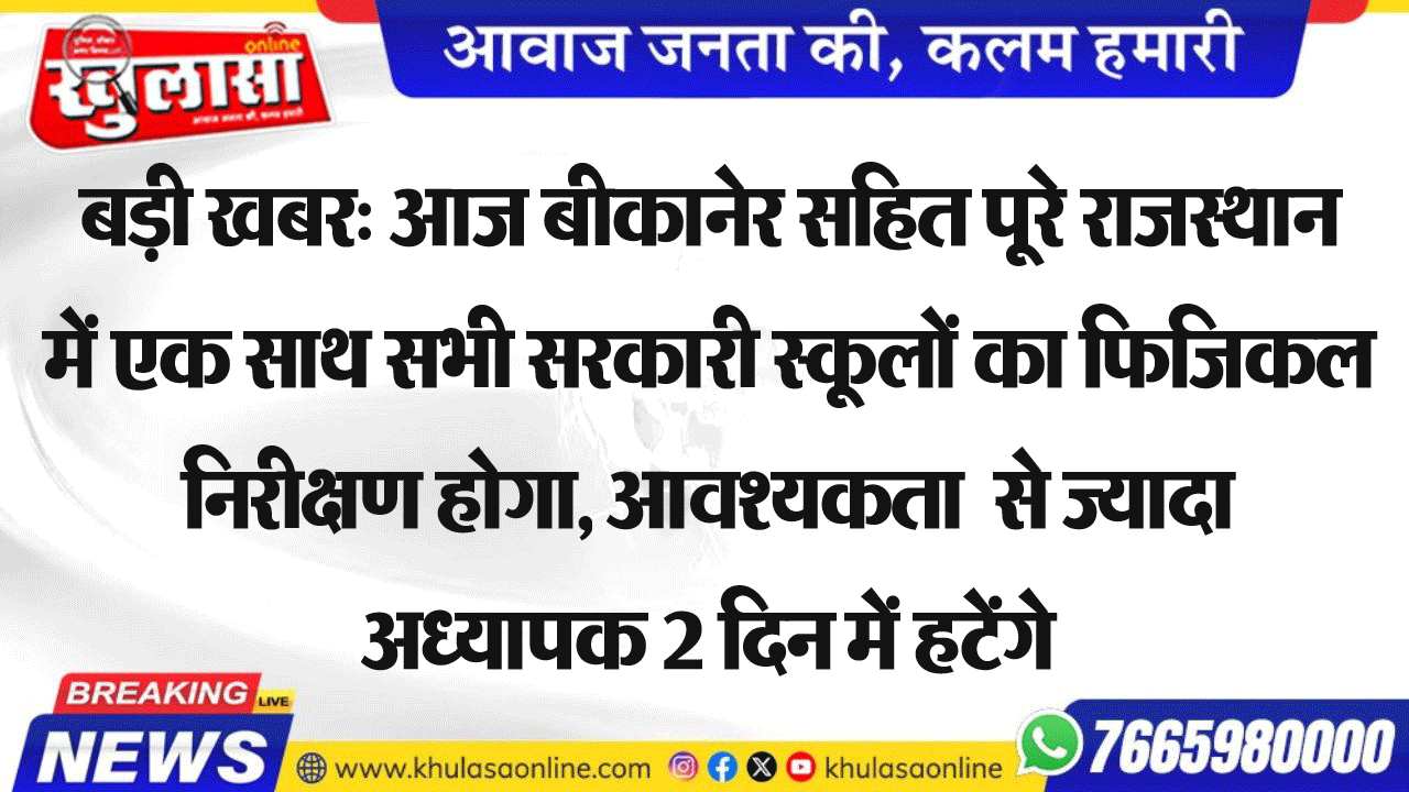बड़ी खबर: आज बीकानेर सहित पूरे राजस्थान में एक साथ सभी सरकारी स्कूलों का फिजिकल निरीक्षण होगा, आवश्यकता  से ज्यादा अध्यापक 2 दिन में हटेंगे