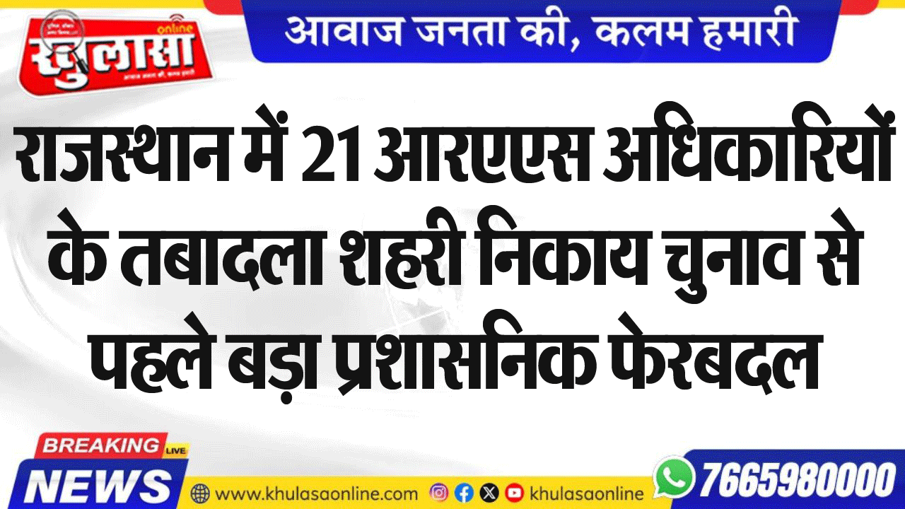 राजस्थान में 21 आरएएस अधिकारियों के तबादला शहरी निकाय चुनाव से पहले बड़ा प्रशासनिक फेरबदल