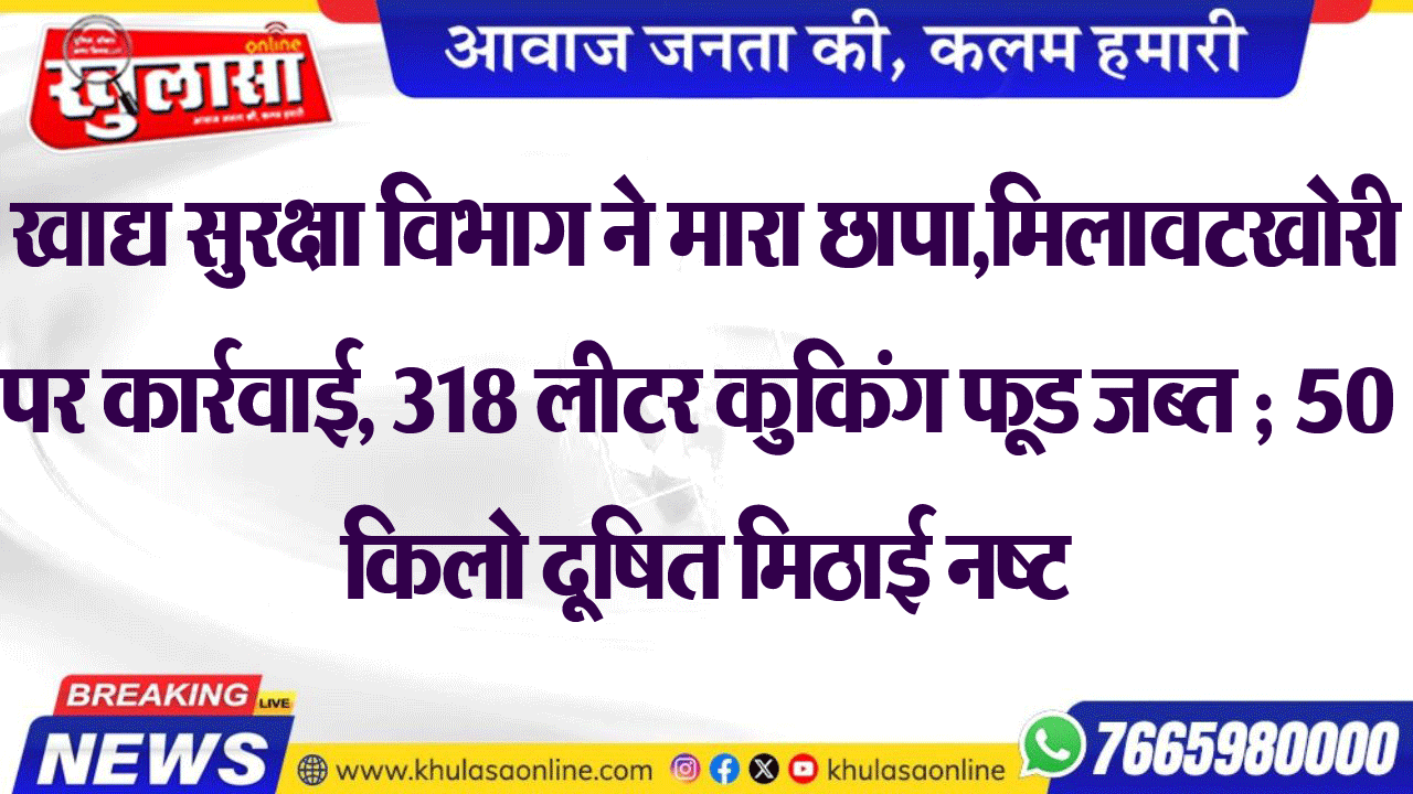 खाद्य सुरक्षा विभाग ने मारा छापा,मिलावटखोरी पर कार्रवाई, 318 लीटर कुकिंग फूड जब्त ; 50 किलो दूषित मिठाई नष्ट
