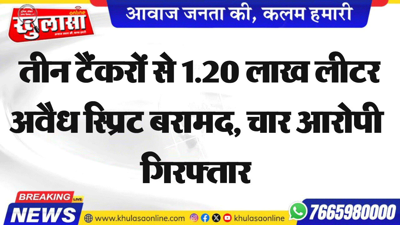 तीन टैंकरों से 1.20 लाख लीटर अवैध स्प्रिट बरामद, चार आरोपी गिरफ्तार
