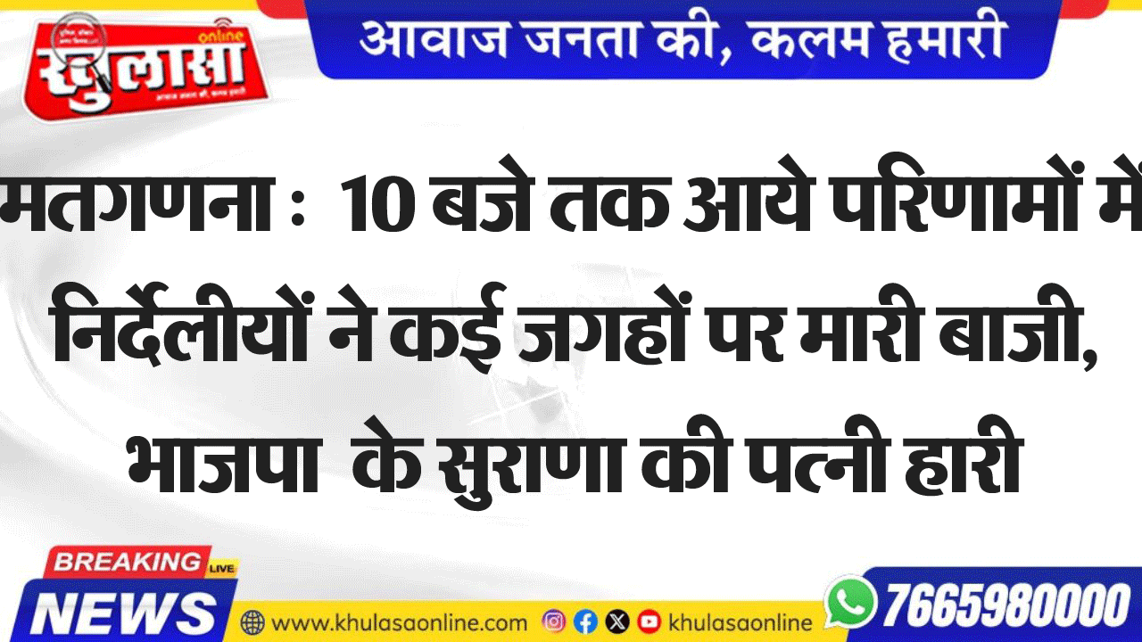 मतगणना :  10 बजे तक आये परिणामों में निर्देलीयों ने कई जगहों पर मारी बाजी, भाजपा  के सुराणा की पत्नी हारी