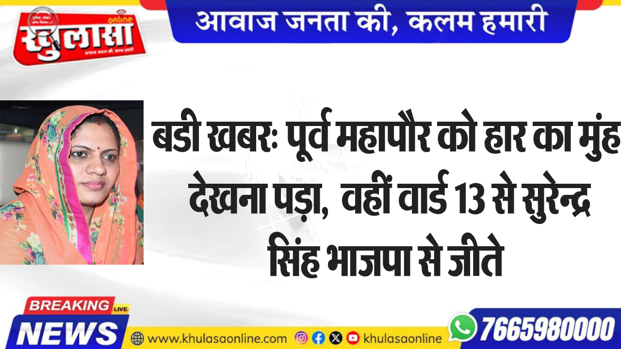 बडी खबर: पूर्व महापौर को हार का मुंह देखना पड़ा,  वहीं वार्ड 13 से सुरेन्द्र सिंह भाजपा से जीते