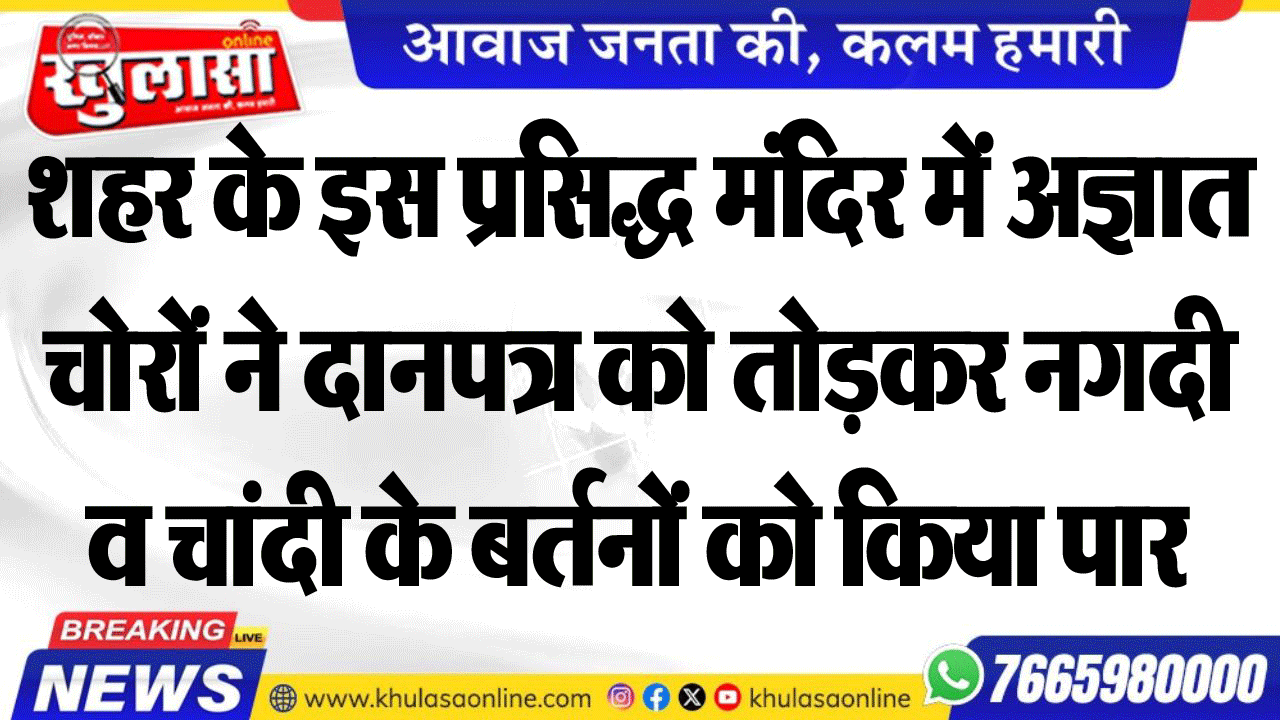 शहर के इस प्रसिद्ध मंदिर में अज्ञात चोरों ने दानपत्र को तोडक़र नगदी व चांदी के बर्तनों को किया पार