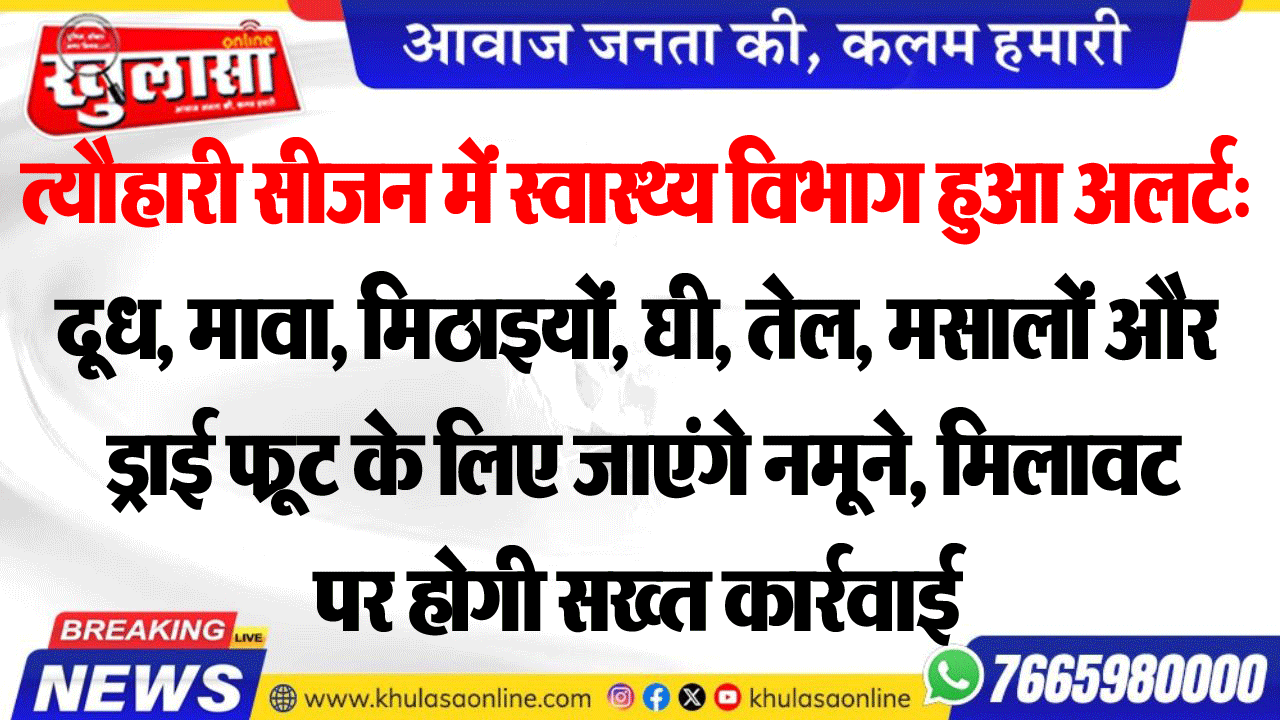 त्यौहारी सीजन में स्वास्थ्य विभाग हुआ अलर्ट: दूध, मावा, मिठाइयों, घी, तेल, मसालों और ड्राई फ्रूट के लिए जाएंगे नमूने, मिलावट पर होगी सख्त कार्रवाई