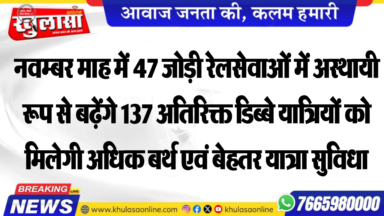 नवम्बर माह में 47 जोड़ी रेलसेवाओं में अस्थायी रूप से बढ़ेंगे 137 अतिरिक्त डिब्बे यात्रियों को मिलेगी अधिक बर्थ एवं बेहतर यात्रा सुविधा