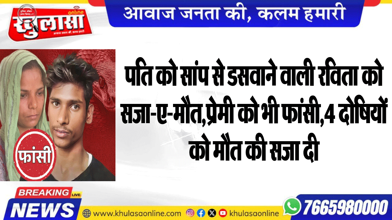 पति को सांप से डसवाने वाली रविता को सजा-ए-मौत,प्रेमी को भी फांसी,4 दोषियों को मौत की सजा दी