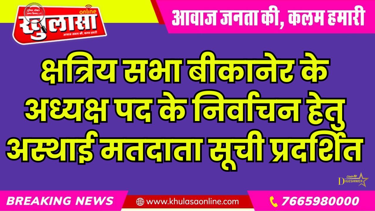 क्षत्रिय सभा बीकानेर के अध्यक्ष पद के निर्वाचन हेतु अस्थाई मतदाता सूची प्रदर्शित